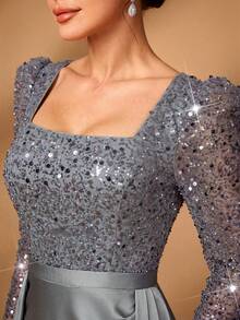 Serin Đầm maxi dài tay dáng đuôi cá sang trọng, thanh lịch với họa tiết ngọc trai và sequin, chất liệu satin xuyên thấu, phù hợp cho đám cưới, tiệc tùng, kỳ nghỉ, dạ hội, hoặc làm đầm cho mẹ cô dâu (đính kết cầu kỳ). - Xám - Xem 5