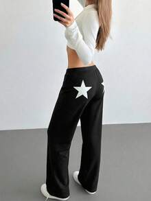 Aloruh Star Print Low Waist Straight Leg Maxi Sweatpants For Women - Black - View 5