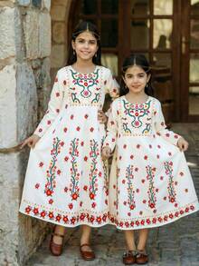 SHEIN Young Girl Floral Print Round Neck Long Sleeve Dress, White Autumn Family Matching Traditional Arabic Dress, Modest Kaftan Young Girls Jalabiya Abaya - Multicolor - View 2