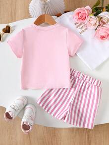 Souflis Souflis 2pcs Baby Girl Toddler/Newborn 0-3Y Casual Everyday Sausage Dog Graphic Round Neck T-Shirt + Pink Striped Shorts Set, Spring/Summer - Pink - View 3
