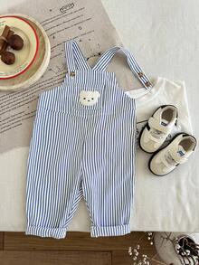 SHEIN 男婴/女婴秋冬套装：背带裤、连体裤，可爱小熊刺绣黑白条纹背带裤连体裤，舒适百搭时尚休闲基础款，适合室内、户外滑雪、日常穿着、运动、玩耍、派对、节日、万圣节、圣诞节、新年等场合。 - 藍色 - 查看 5