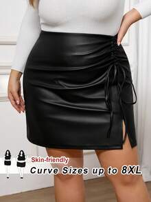 SHEIN CURVE+ 大码女式纯色侧抽绳PU皮革时尚迷你裙 - 黑色 - 查看 4