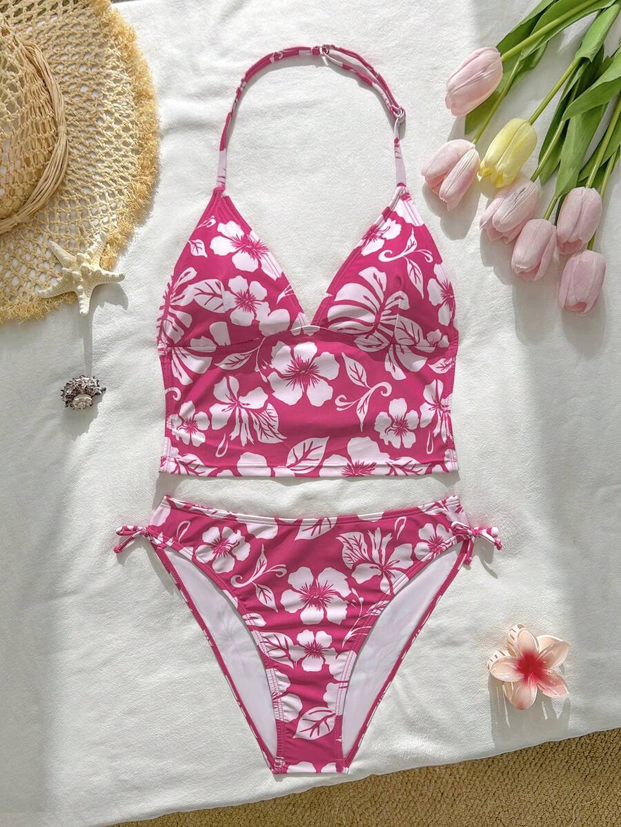 SHEIN Teen Girl Summer Beach Vacation Pink Floral Print Halter Bikini Set - Pink - View 1