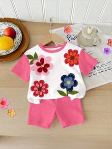 女婴休闲碎花宽松圆领短袖T恤和修身骑行短裤套装，适合春夏穿着 - 彩色 - 查看 3