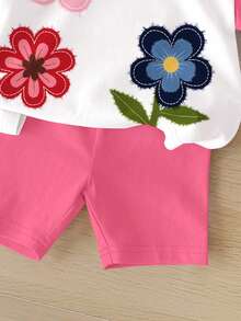 女婴休闲碎花宽松圆领短袖T恤和修身骑行短裤套装，适合春夏穿着 - 彩色 - 查看 7