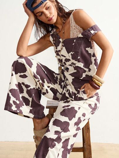 Bohemela Women's Printed Casual Denim Bib Pants