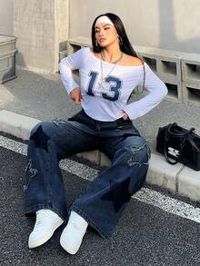 SHEIN ICON Quần jeans dáng suông rộng rãi, thoải mái, có túi trang trí hình ngôi sao năm cánh, cỡ lớn. - Rửa tối - Xem 4