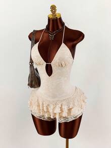 Amplova Women's Halter Tie Backless Lace Ruffle Hem Sexy Jumpsuit Romper For Dates & Parties Spring Clothes Women Boho - Apricot - View 3