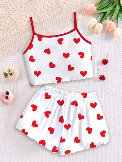SHEIN Set de 2 piezas de pijama con top de tirantes y shorts con estampado de lunares y corazones, adecuado para verano, color rojo