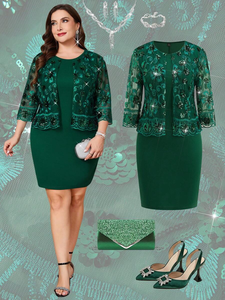 Ellevyn Bộ đồ thanh lịch cỡ lớn 2 món: Áo khoác tay lửng màu xanh lá cây + Váy không tay cổ tròn thêu sequin eo và hông, phù hợp cho mùa thu, đông, Halloween, tựu trường, Giáng sinh và các dịp khác. Bộ đồ này cũng phù hợp cho các sự kiện công sở thường ngày, chẳng hạn như váy dự tiệc cưới mùa thu, váy tựu trường, váy hẹn hò, váy dự tiệc cưới trang trọng, váy dành cho mẹ cô dâu, trang phục dự tiệc cưới trang trọng và váy dự tiệc cưới.