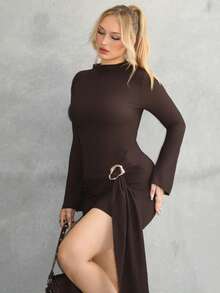 Arliah Waist-Cinched Minimalist Flare Sleeve Bodycon Cinched Waist Dress - Coffee - View 5
