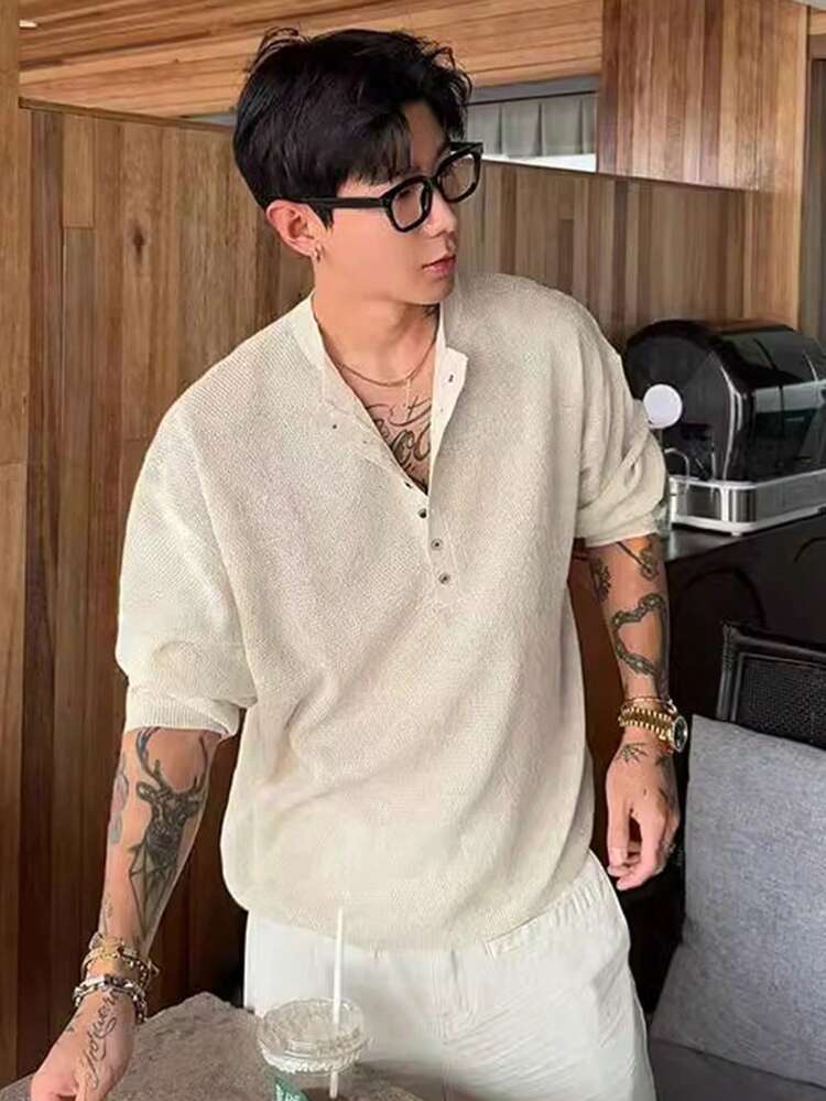 Men's Apricot Round Neck Half-Placket Half-Hollow Knit Sweater, Spring/Summer