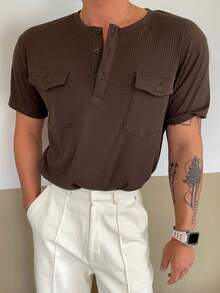 DAZY Men's Short Sleeve Pocket Design Half-Placket Crew Neck Brown T-Shirt, Summer - Brown - View 4