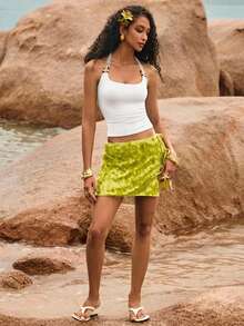 Poéselle Blusa de verano con escote halter sin espalda, con cuentas y nudos, en unicolor, para vacaciones en la playa - Blanco - Ver 6