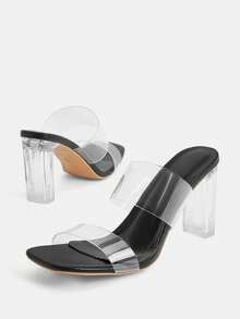 Glitzique 2025 春夏时尚优雅奢华性感简约派对正式商务休闲装露趾高跟凉鞋，9 厘米厚水晶鞋跟，透明 TPU 绑带，透气银色女式高跟鞋 - 黑色 - 查看 9