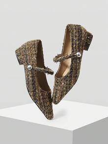 Mnmlis Giày Mary Jane bằng len đơn giản, thời trang, gót thấp, mũi nhọn, kiểu Pháp, dành cho nữ. - Xám nâu - Xem 2