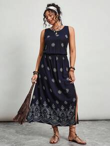 SHEIN LUNE Đầm không tay xẻ cao, kiểu dáng thường ngày, thêu hoa, phong cách nghỉ mát mùa hè dành cho nữ cỡ lớn. - Màu xanh hải quân - Xem 7