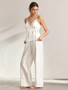Ocili 女士纯色V领交叉打结吊带背心和阔腿裤休闲家居服套装 - 白色 - 查看 4