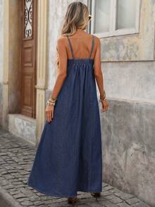 Brillora 女士休闲宽松吊带牛仔连衣裙，适合度假和日常穿着 - 中等水洗藍 - 查看 2