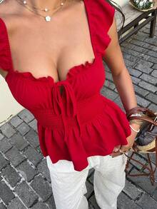 Sunnyshic 女士红色褶皱修身浪漫度假衬衫 - 紅色 - 查看 1