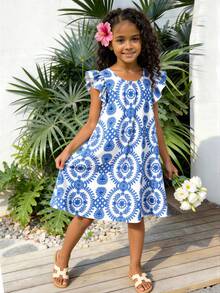 Girls' Tropical Floral Ruffle Hem Round Neck Dress, Mommy And Me - Blue - View 3
