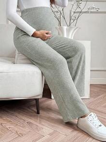 SHEIN Pregnant Women Casual Everyday Commute Simple Versatile Solid Color Ribbed Knit Adjustable High Waist Loose Wide Leg Pants - Green - View 3