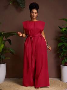 Veslaya 2025新款夏季休闲/派对/优雅/简约酒红色纯色船领无袖宽松阔腿连体裤 - 紅色 - 查看 6