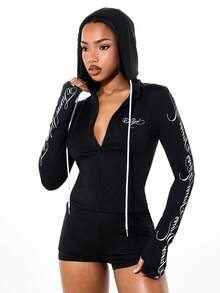 SUMWON WOMEN Long Sleeve Hooded Script Print Zip Up Unitard With Shorts Bottom For Casual Wear Fall Winter - Black - View 4