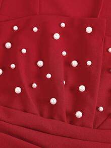 SHEIN Vestido de punto de manga corta con cuello cuadrado, mangas abullonadas, cintura ceñida y cuentas para niñas preadolescentes, vestido rojo para fiesta y uso diario - Rojo - Ver 9