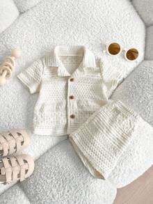 SHEIN 新生男宝宝休闲可爱度假简约杏色短袖衬衫短裤套装 - 米色 - 查看 7