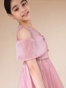 SUMWON Gaun Off Shoulder dengan Detail Pita, Lengan Berkerut, dan Panjang Midi, Cocok untuk Acara Spesial, Pesta Musim Semi dan Musim Panas, Kasual, dan Liburan. - Dusty Pink - View 5