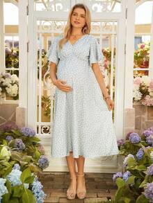 SHEIN V-Neck Short Sleeve Ditsy Floral Dress - Green - View 1