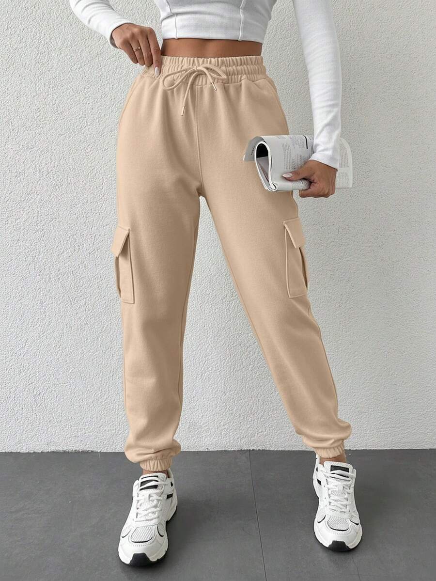 100%Cotton Flap Pocket Side Drawstring Waist Cargo Pants - Beige - View 1