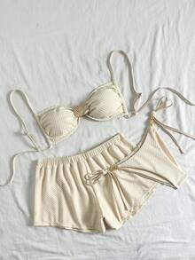 Swim Vcay Conjunto de bikini de 3 piezas para mujer con traje de baño de pantalón corto con cordón de corte alto, decoración de concha dorada y tirantes de espagueti, para primavera/verano 2026 - Albaricoque - Ver 6