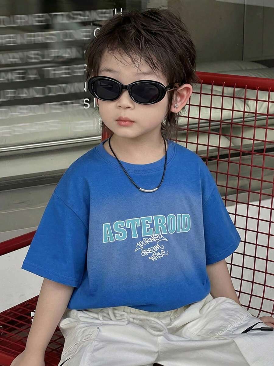 DAZY Young Boys Crew Neck Dropped Shoulder Short Sleeve Casual Loose T-Shirt - Blue - View 1