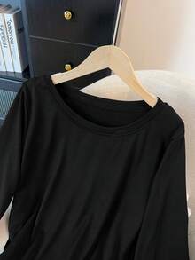 SHEIN PETITE CURVE Plus Size Women's Fashionable Casual Contrast Hem Long Sleeve T-Shirt - Multicolor - View 5
