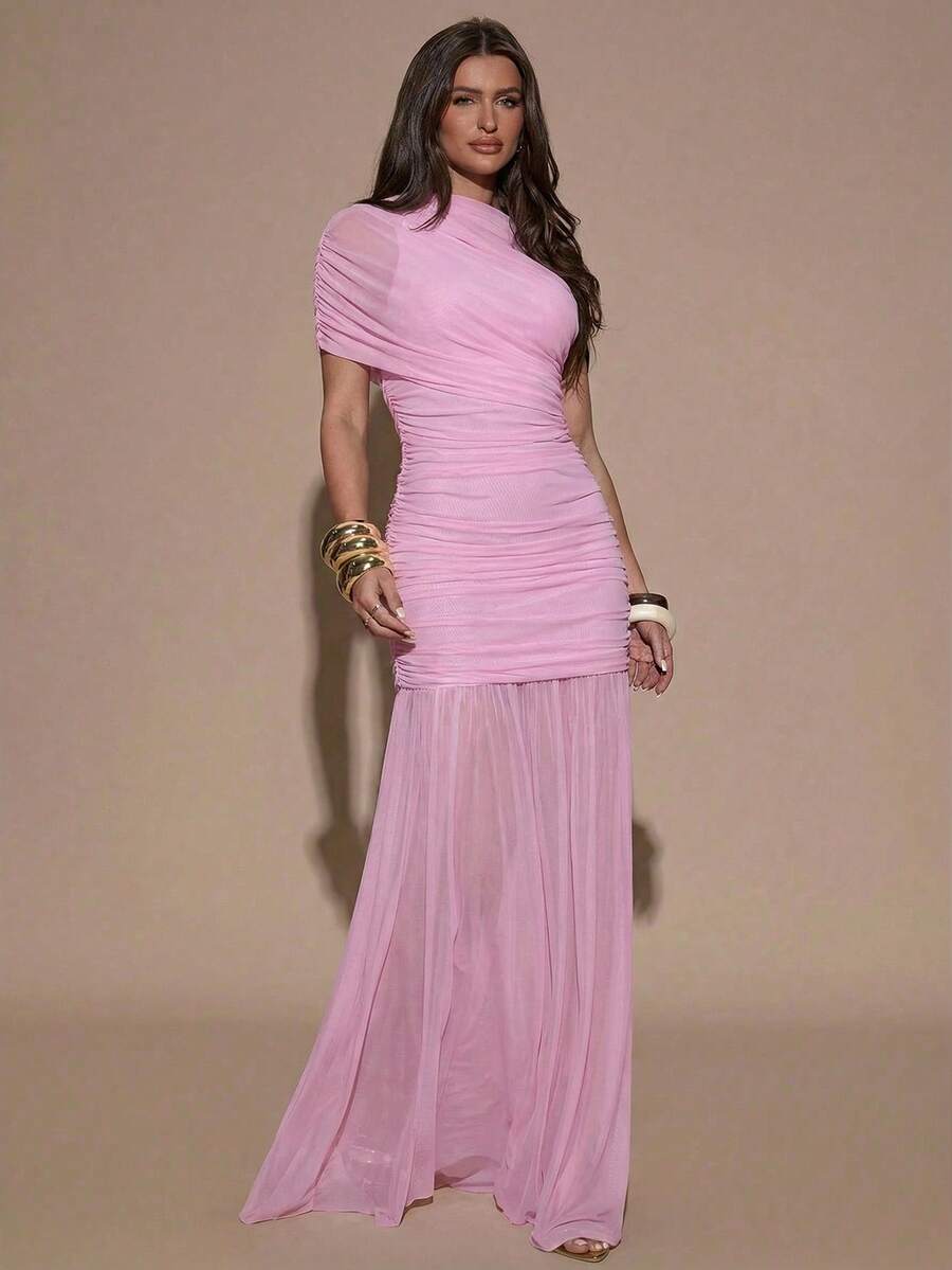 SHEIN BAE Đầm ôm sát người với chân váy xếp ly thanh lịch, thích hợp cho tiệc cocktail, hẹn hò lãng mạn, mặc nhiều lớp vào mùa thu/đông, dự tiệc, họp mặt trang trọng, Halloween, Giáng sinh. - Màu Hồng baby - Xem 1