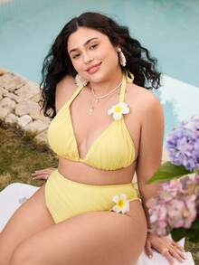 Swim Mod 2026新款夏季海滩度假多巴胺黄纹理三角杯加大码女式泳装套装，甜美节前加大码女式泳装套装 - 鵝黃色 - 查看 7