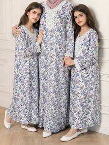 SHEIN 斋月女童传统阿拉伯长袍，长袖碎花长袍，适合节日和日常穿着 - 彩色 - 查看 5