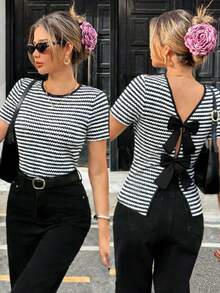 Pariaura Women's New Striped Backless Bow Knit Top, Cropped Backless T-Shirt Striped Top Open Back Top Striped T-Shirt Backless Top With Bows Bow Back Top Short Sleeve Striped Top - Black and White - View 1