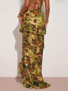 SHEIN BAE Tropical Animal & Plant Print Chiffon Asymmetrical Layered Ruffle Hem Skirt, Suitable For Vacation, Evening Party, Summer Party, Beach, Brunch, Layered Ruffle Hem Skirt, Patterned Skirt - Green - View 2