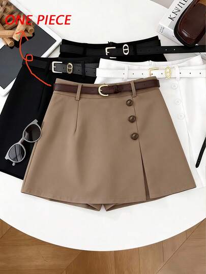 Franclia Women's Shorts, Women's Pant Skirts, Women's Solid-Colored Pant Skirts With A Belt, Double-Layered Short Style, Button-Up Mid-Rise Solid-Colored Pant Skirts With Belt Loops, Spring And Summer New Arrivals, Simple Short Pants For Casual Wear, Versatile For Work, Beach Outings, Dates, And Evenings. Versatile Khaki Pant Skirts For Everyday Use, Elegant Guest Attire, Women's Birthday Party Attire, Office Wear.