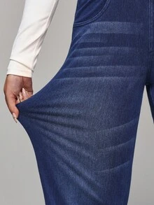 Flexra Petite 女式高腰口袋阔腿宽松休闲牛仔裤 - 深色水洗藍 - 查看 3