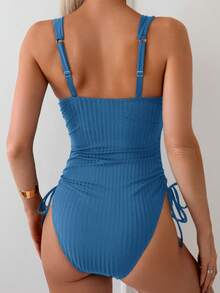Swim Chiccia Women's Summer Aqua Blue Solid Color Ribbed Drawstring Ruched One-Piece Swimsuit,Casual Tummy Control Bathing Suit For Beach Party Vacation - Teal Blue - View 7