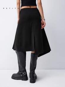 SHEIN LYSMO Petite 女士纯色不对称下摆休闲时尚半身裙 - 黑色 - 查看 2