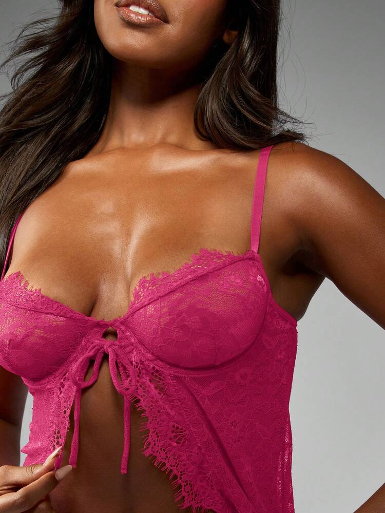 MISSGUIDED Floral Lace Babydoll Lingerie Set With Matching Thong For Women Intimate Sleepwear