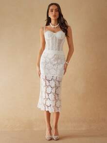 Silquee Elegant White Lace-Trimmed Midi Skirt For Women, Water-Soluble Lace,White Flower Pattern,Breathable Summer Beach Skirt,Autumn Party Wedding Guest - Beige - View 1