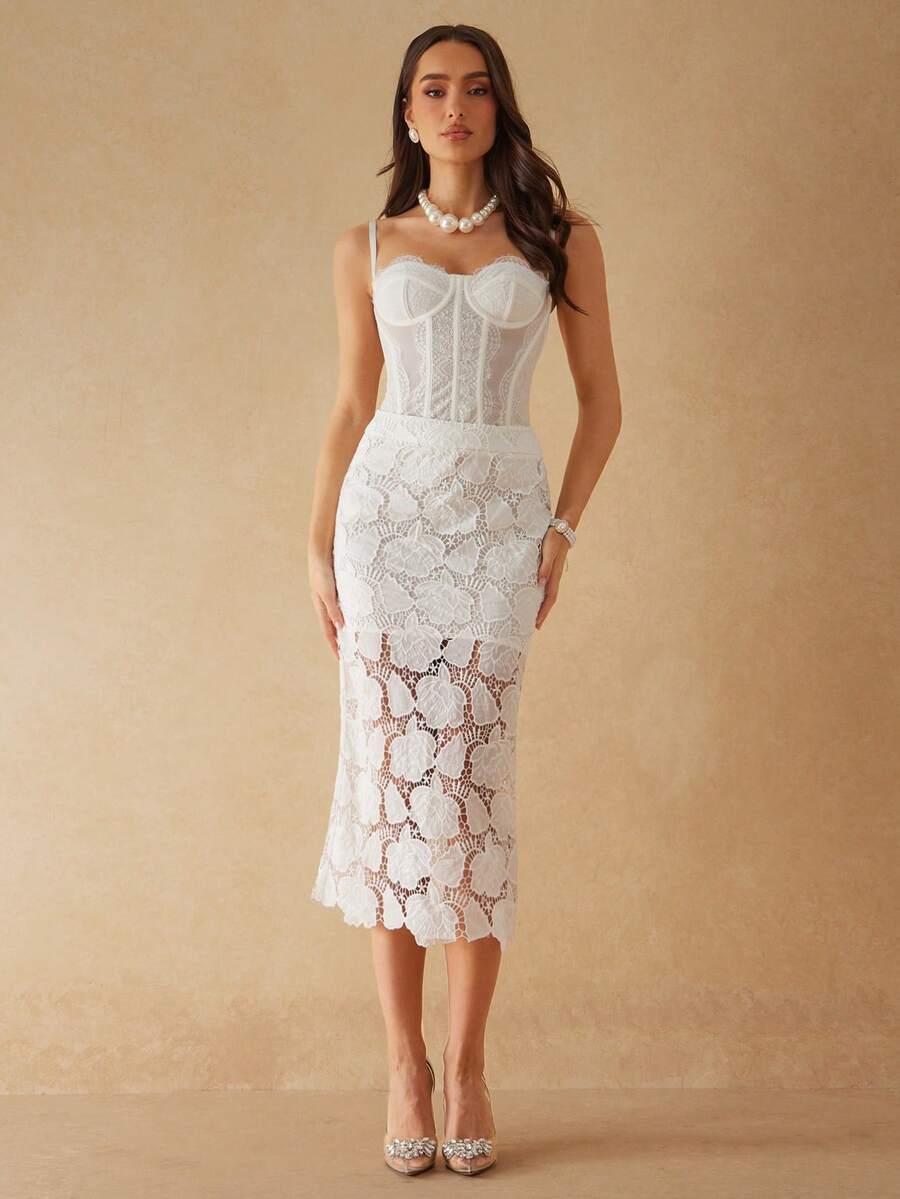 Silquee Elegant White Lace-Trimmed Midi Skirt For Women, Water-Soluble Lace,White Flower Pattern,Breathable Summer Beach Skirt,Autumn Party Wedding Guest - Beige - View 1