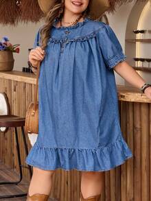 EMERY ROSE Damen Große Größen Einfarbiges Lässiges Denim Kleid mit Kurzarm - Mittele Waschung - Übersicht 3