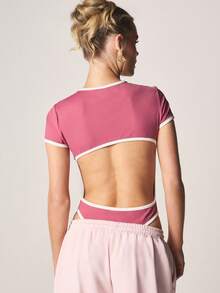 MISSGUIDED Contrast Trim Short Sleeve Crew Neck Bodysuit Fitted Casual Spring Summer Top - Red and White - View 2